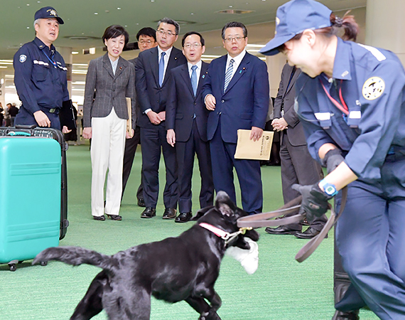 【写真】羽田税関で麻薬探知犬の訓練を視察