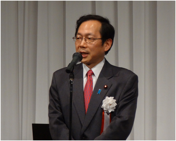 新春年賀会であいさつする竹内氏=29日 滋賀県大津市 新春年賀会であいさつする竹内氏=29日 滋賀県大津市